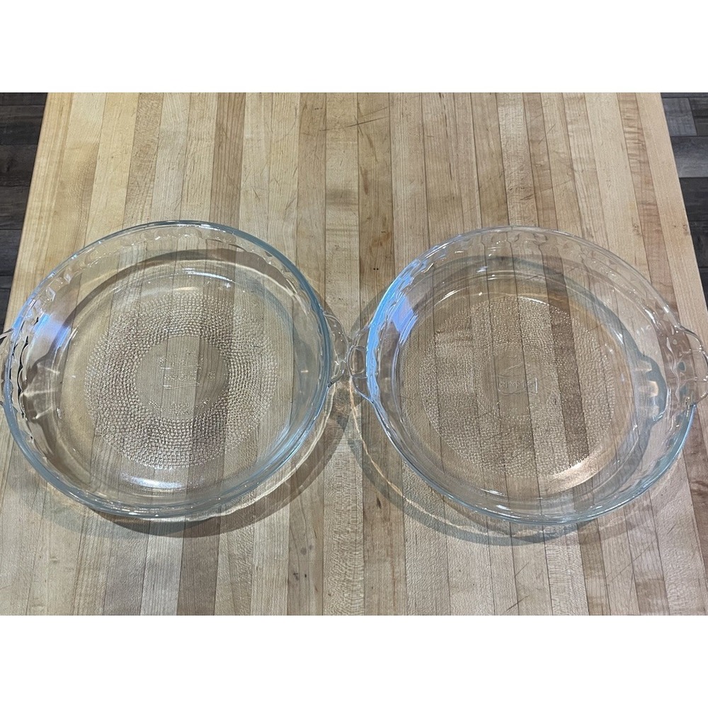 2 Glasbake Clear Glass Pie Plate Textured Bottom Fluted Handles 10" 11" USA Vtg